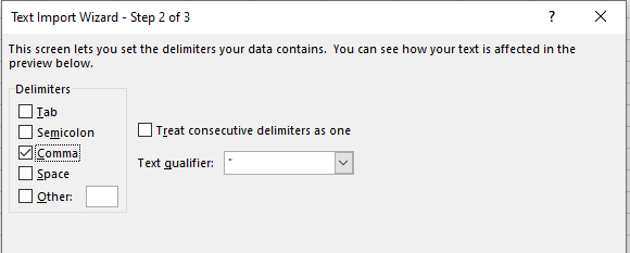 Text Import Wizard Step 2